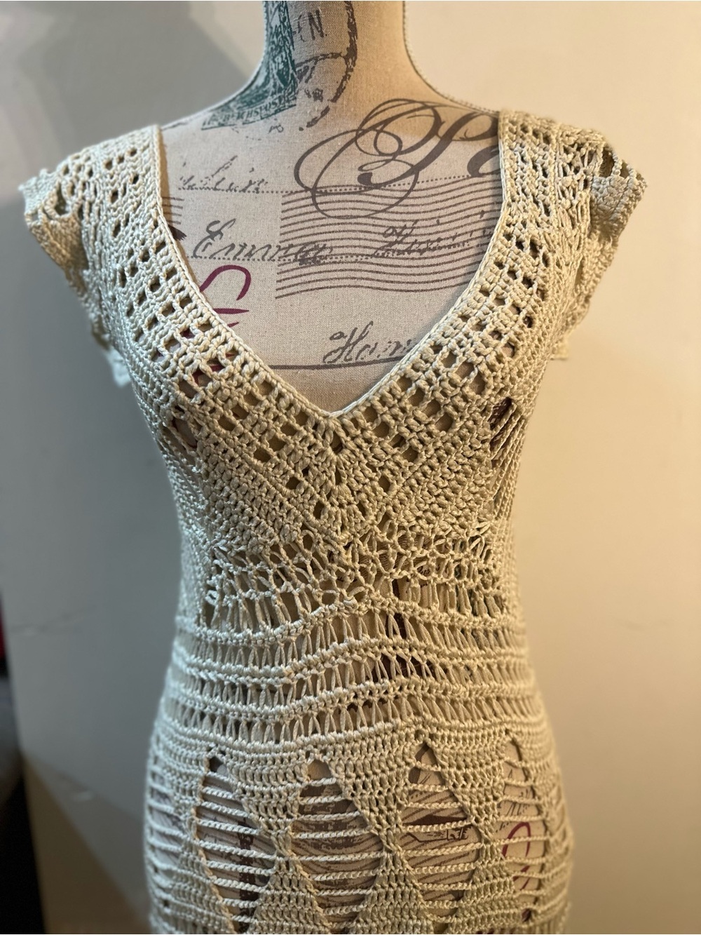 Cream Crochet V-Neck Swim Coverup Dress
